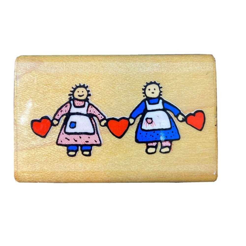 Country Dolls With Hearts Wooden Rubber Stamp Sister Friends Love